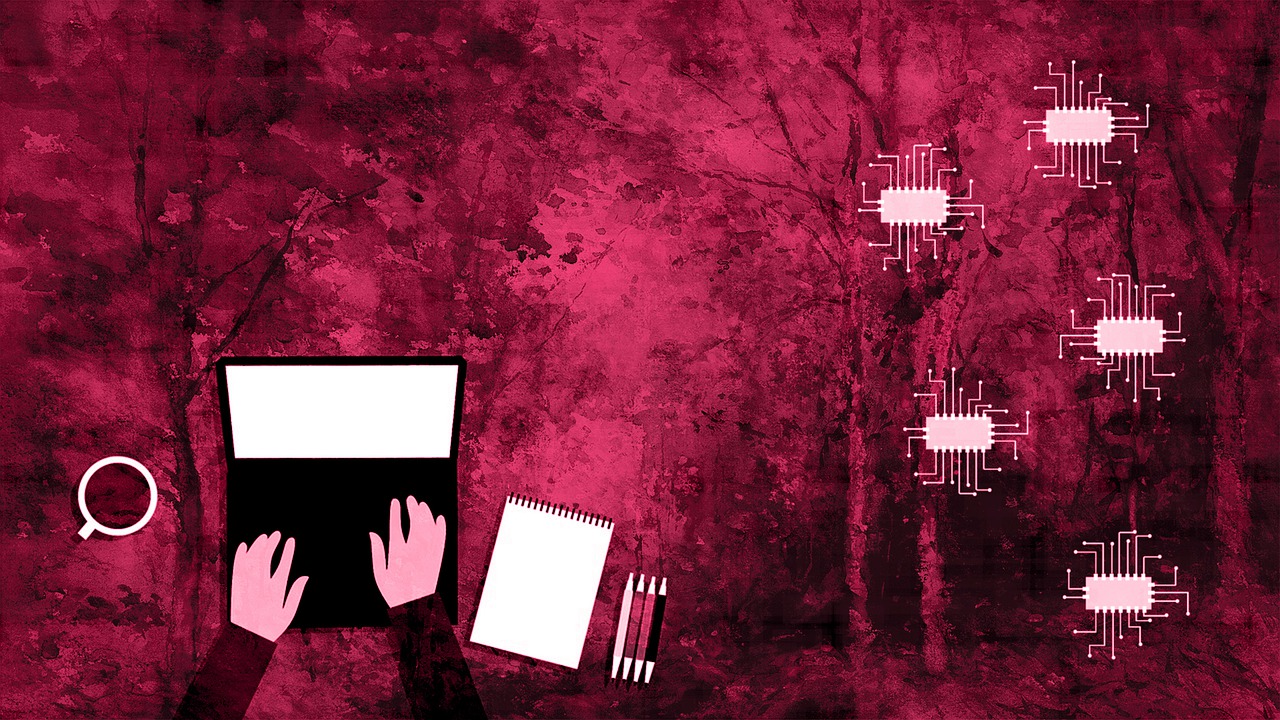 laptop, notes, pencils